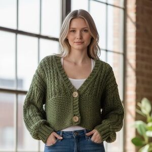 HERA Chunky Hand Knit Natural Green Wooden Button Oversized Cardigan Sweater L